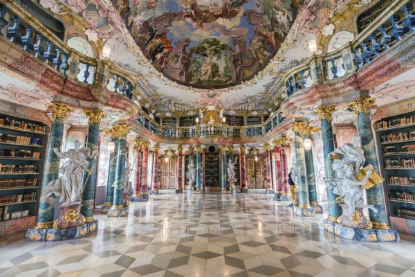 WIBLINGEN, BAVARIA, GERMANY, JUNE 08, 2022 : Rococo and baroque decors of the library in Wiblingen abbey, near Ulm city, by architects Christian and Johann Wiedemann, 18th century