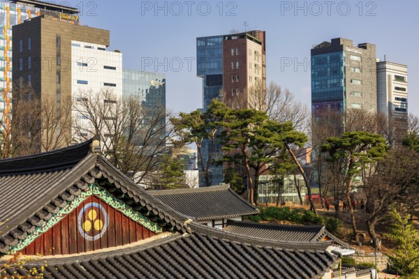 Old traditional roof tiles of building at Bongeunsa Temple, Seoul, Republic of Korea