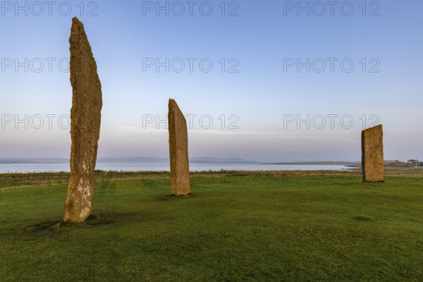 Stones of Stenness Circle and Henge at sunrise, stone circle and henge, Neolithic monument, UNESCO World Heritage Site, Mainland, Orkney Island, Scotland, Great Britain