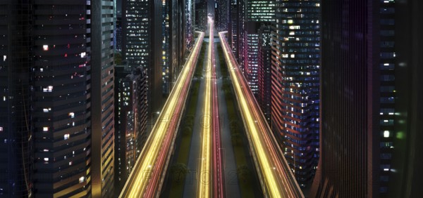 Spectacular modern city at night with light trails. 3d rendering imaginary concept city
