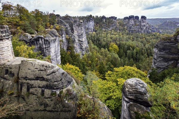Romantic trip to Saxon Switzerland. The picturesque sandy cliffs of Bastei, 200 meters high above the Elbe River, are a famous tourist attraction. Germany