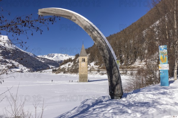 Church tower of Altgraun, Campanile di Curon Venosta Vecchia, sunken village in the reservoir, Lake Reschen, Vinschgau, South Tyrol, Italy, Europe