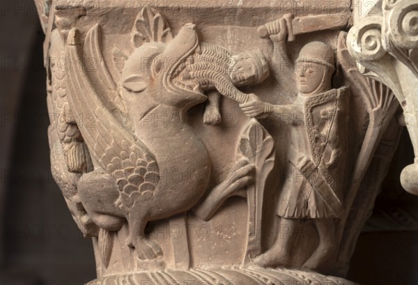 Basel, Cathedral (Basel Minster), capital on the ambulatory, Knight Dietrich of Bern and Sintram fighting with wild animals