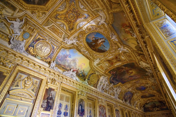 Decorated ceiling of the Apollo Gallery (Galerie d'Apollon) at Louvre Museum in Paris, France, Europe