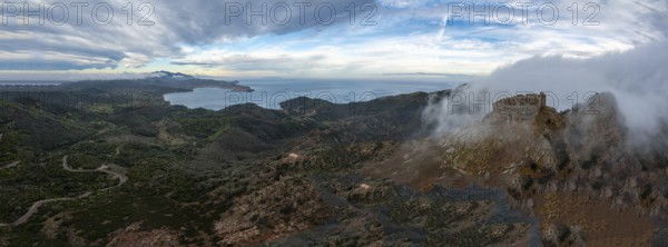 Aerial landscape view of the Castello del Volterraio and Portoferraio bay on Elba Island in Italy