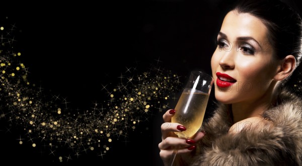 Romantic woman with golden makeup and nailpolish. Big gold fashion necklace. Black isolated background. Holding glass of champagne, Toronto, Canada, North America