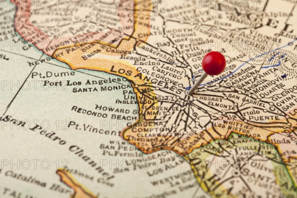 Los Angeles, California, vintage 1920s map (printed in 1926 - copyrights expired) with a red pushpin, selective focus