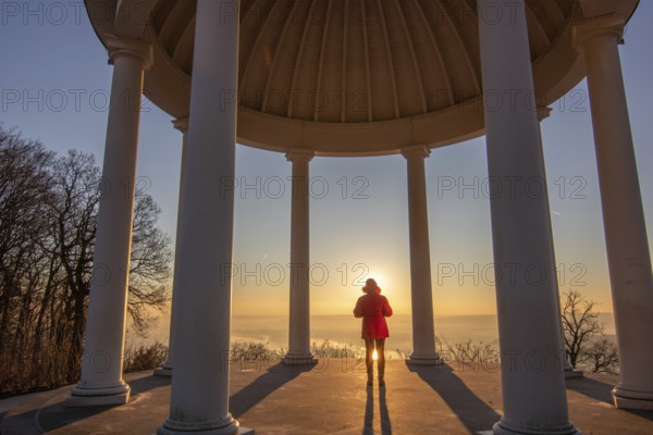 Beautiful temple in a landscape shot. Sunrise on a winter morning. Beautiful view along the Rhine at the Niederwaldtempel, Niederwalddenkmal, Hesse, Germany, Europe