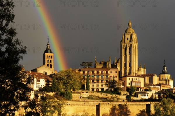Rainbow between the church Iglesia de San Andres and the cathedral, historic city centre, UNESCO World Heritage Site, Segovia, Castilla-Leon, Castilla y Leon, Spain, Europe