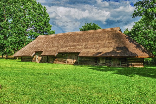 Old Wooden Barn with Green Grass and Blue Sky Background
