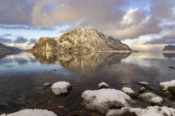 Lofoten wall reflection at the E10 near Kleppstad, Lofoten, Nordland, Norway, Europe