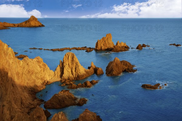 Almeria Cabo de Gata las Sirenas point sunset rocks in Mediterranean sea of Spain