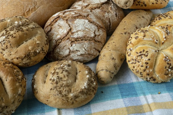 Heap of various bread rolls sprinkled with salt, caraway and sesame. Fresh rustic bread from leavened dough. Assortment of freshly of bakery products