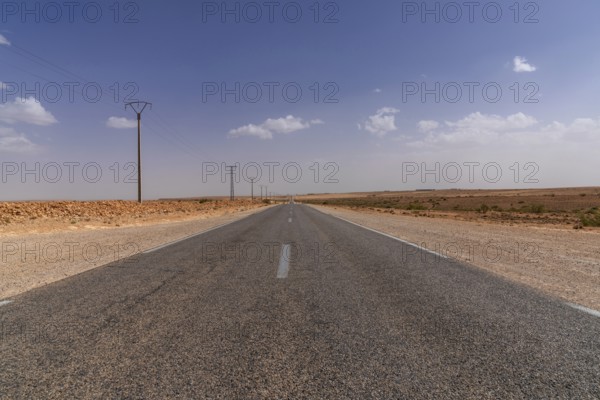 An endless desert highway and power lines leading through the rock and sand desert of southwestern Morocco