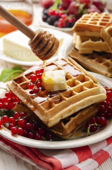 Belgian waffles served with butter red currants and honey