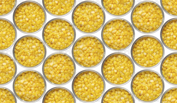 Seamless food background of flat lay view of opened tin cans with sweet corns isolated on white background. Clipping path added