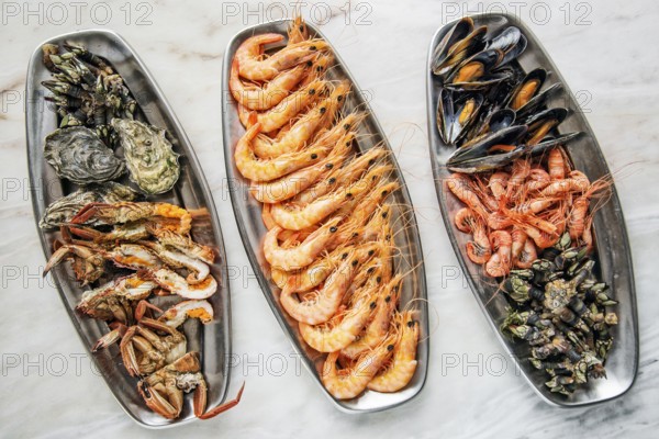 Mixed fresh portuguese seafood selection gourmet set platter meal on table