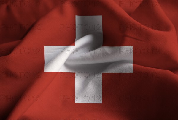Closeup of Ruffled Switzerland Flag, Switzerland Flag Blowing in Wind