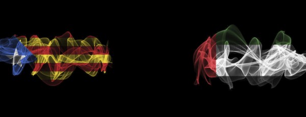 Flags of Catalonia and UAE on black background, Catalonia vs United Arab Emirates smoke flags