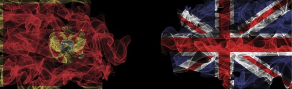 Flags of Montenegro and United Kingdom on Black background, Montenegro vs United Kingdom Smoke Flags