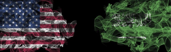 Flags of USA and Saudi Arabia on Black background, USA vs Saudi Arabia Smoke Flags