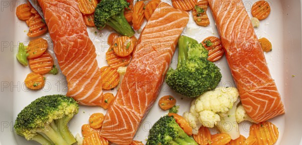 Top view of baking dish casserole with raw uncooked fish salmon steaks, broccoli, cauliflower, carrot. Preparing a healthy low carb dinner concept, food photography