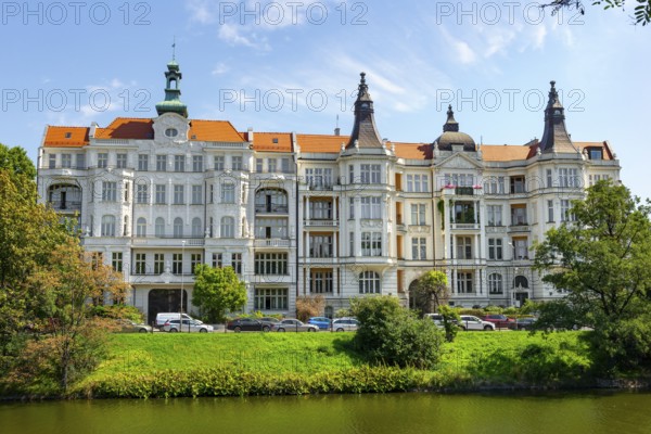 Old white house on river Odra in Wroclaw, Poland, Europe