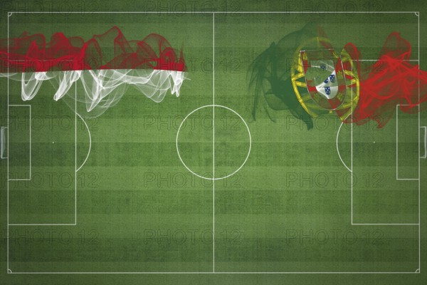 Indonesia vs Portugal Soccer Match, national colors, national flags, soccer field, football game, Competition concept, Copy space