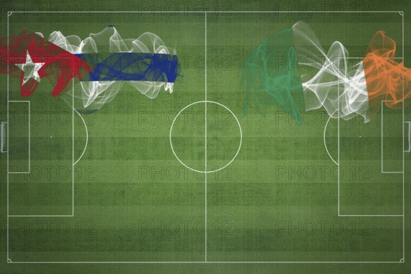 Cuba vs Ireland Soccer Match, national colors, national flags, soccer field, football game, Competition concept, Copy space