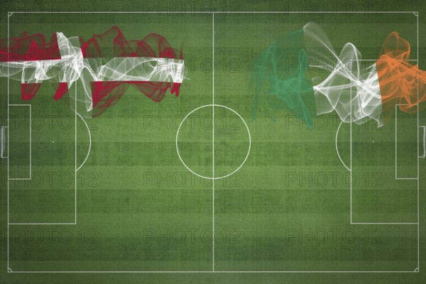 Denmark vs Ireland Soccer Match, national colors, national flags, soccer field, football game, Competition concept, Copy space