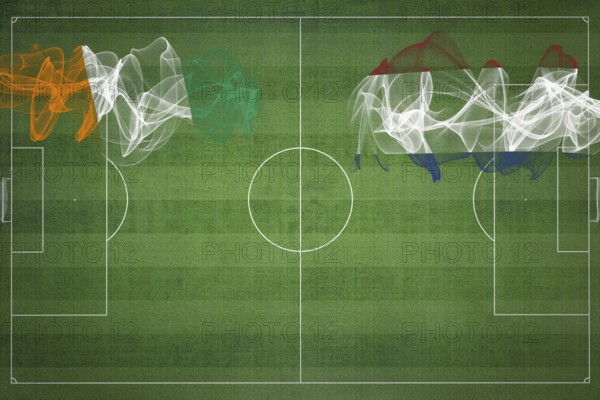 Ivory Coast vs Netherlands Soccer Match, national colors, national flags, soccer field, football game, Competition concept, Copy space
