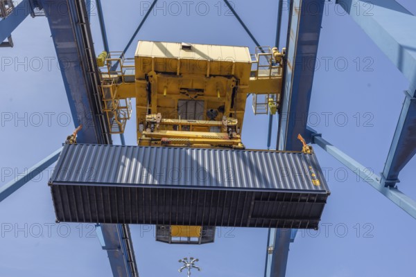 Crane and container in Duisburg harbour, Terminal D3T, Logport l, Rhine, Duisburg, North Rhine-Westphalia, Germany, Europe