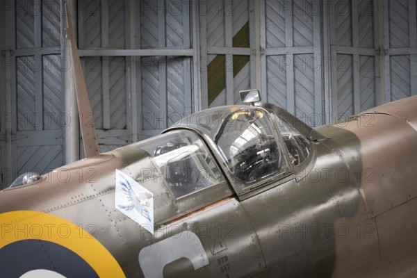 Close up of a Spitfire fighter aeroplane canopy at the Imperial War Museum Duxford at Duxford airfield near Cambridge in England