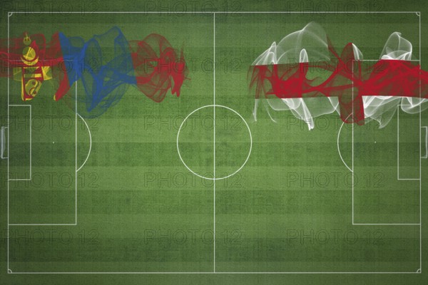 Mongolia vs England Soccer Match, national colors, national flags, soccer field, football game, Competition concept, Copy space