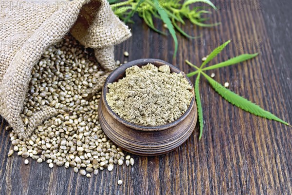 Hemp flour in a clay bowl, the grain in the bag and on the table, green cannabis leaf on a background of wooden boards