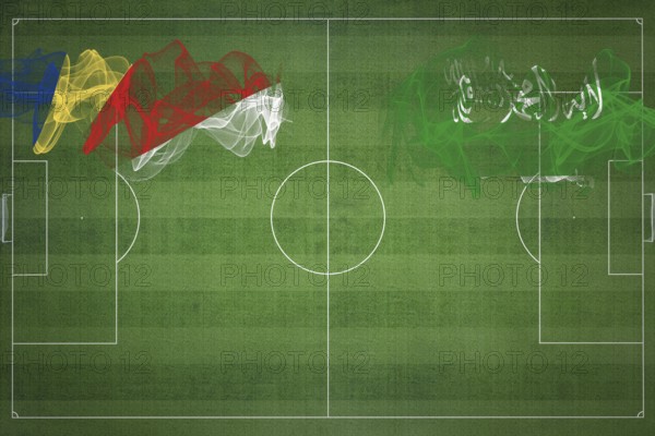 Seychelles vs Saudi Arabia Soccer Match, national colors, national flags, soccer field, football game, Competition concept, Copy space