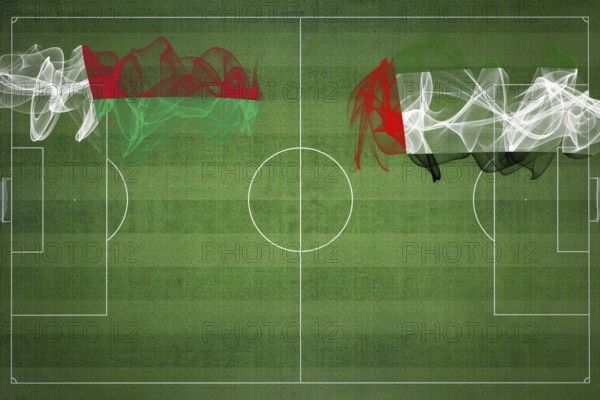 Madagascar vs United Arab Emirates Soccer Match, national colors, national flags, soccer field, football game, Competition concept, Copy space
