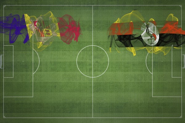 Andorra vs Uganda Soccer Match, national colors, national flags, soccer field, football game, Competition concept, Copy space