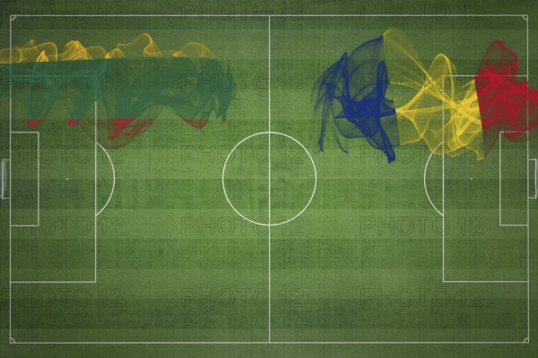 Lithuania vs Romania Soccer Match, national colors, national flags, soccer field, football game, Competition concept, Copy space