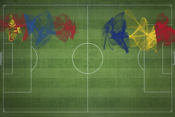 Mongolia vs Romania Soccer Match, national colors, national flags, soccer field, football game, Competition concept, Copy space