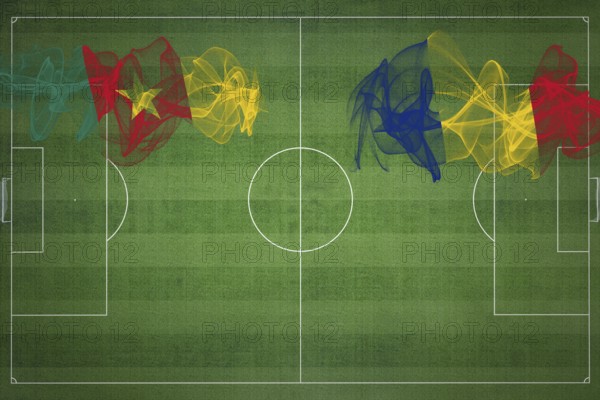Cameroon vs Romania Soccer Match, national colors, national flags, soccer field, football game, Competition concept, Copy space
