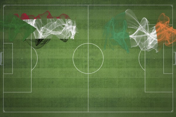 Sudan vs Ireland Soccer Match, national colors, national flags, soccer field, football game, Competition concept, Copy space