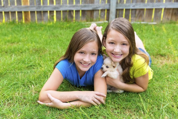 Twin sister kid girls and puppy dog happy playing with pet lying in backyard lawn