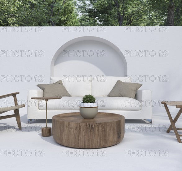 Patio setup with a white couch, wooden elements, and surrounding greenery