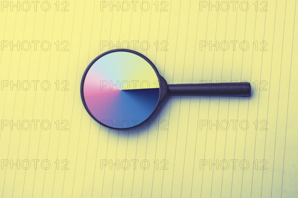 Looking through a magnifying glass to documents. Concept of search