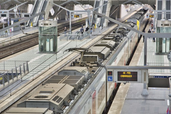 Liege, Belgium, June 2021: Ne pas Embarquer or do not board the train message in Belgian railway station Guillemins in Liege, Europe