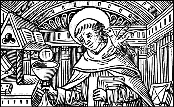 Frontispiece to his book Super libros de generatione et corruptione, Thomas Aquinas, Thomas von Aquin, Tommaso d'Aquino, c.?1225 – 1274, Italian Dominican friar and priest, philosopher, theologian, and a jurist in the tradition of scholasticism, digitally edited