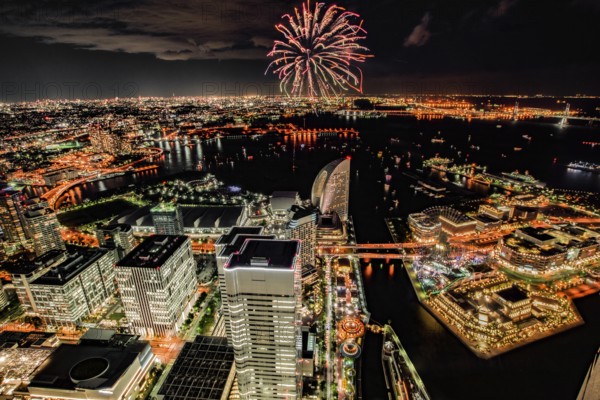 Fireworks and Yokohama night view (taken from the Landmark Tower). Shooting Location: Yokohama-city kanagawa prefecture