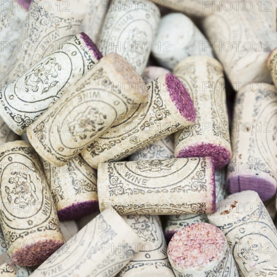 Used wine corks. Square image. A random selection of used wine corks. Closeup pattern background of many different wine corks