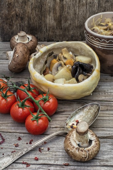 Vegetable hot plate made of baked dough cooked in rustic style.photo tinted